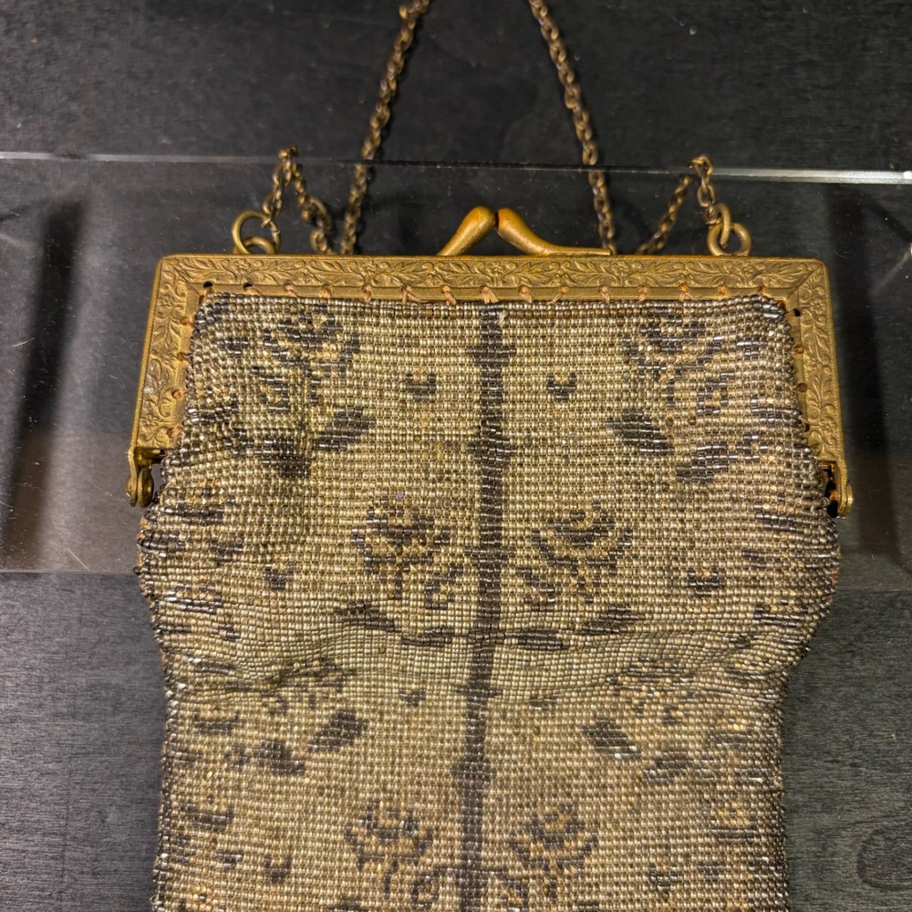 Antique French Micro Beaded Fringe Purse Floral‎ Kiss Lock Evening Bag 4x5